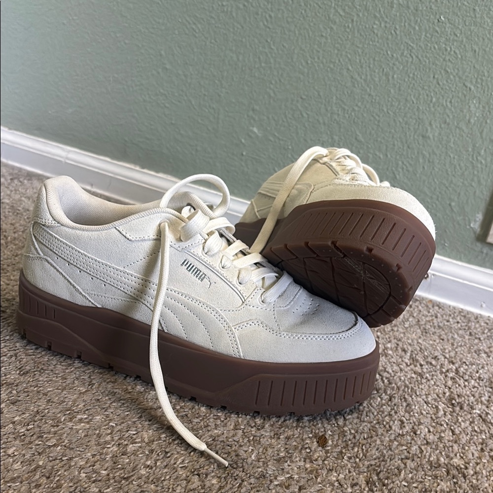 Puma Cream Platform Sneakers with Brown Sole